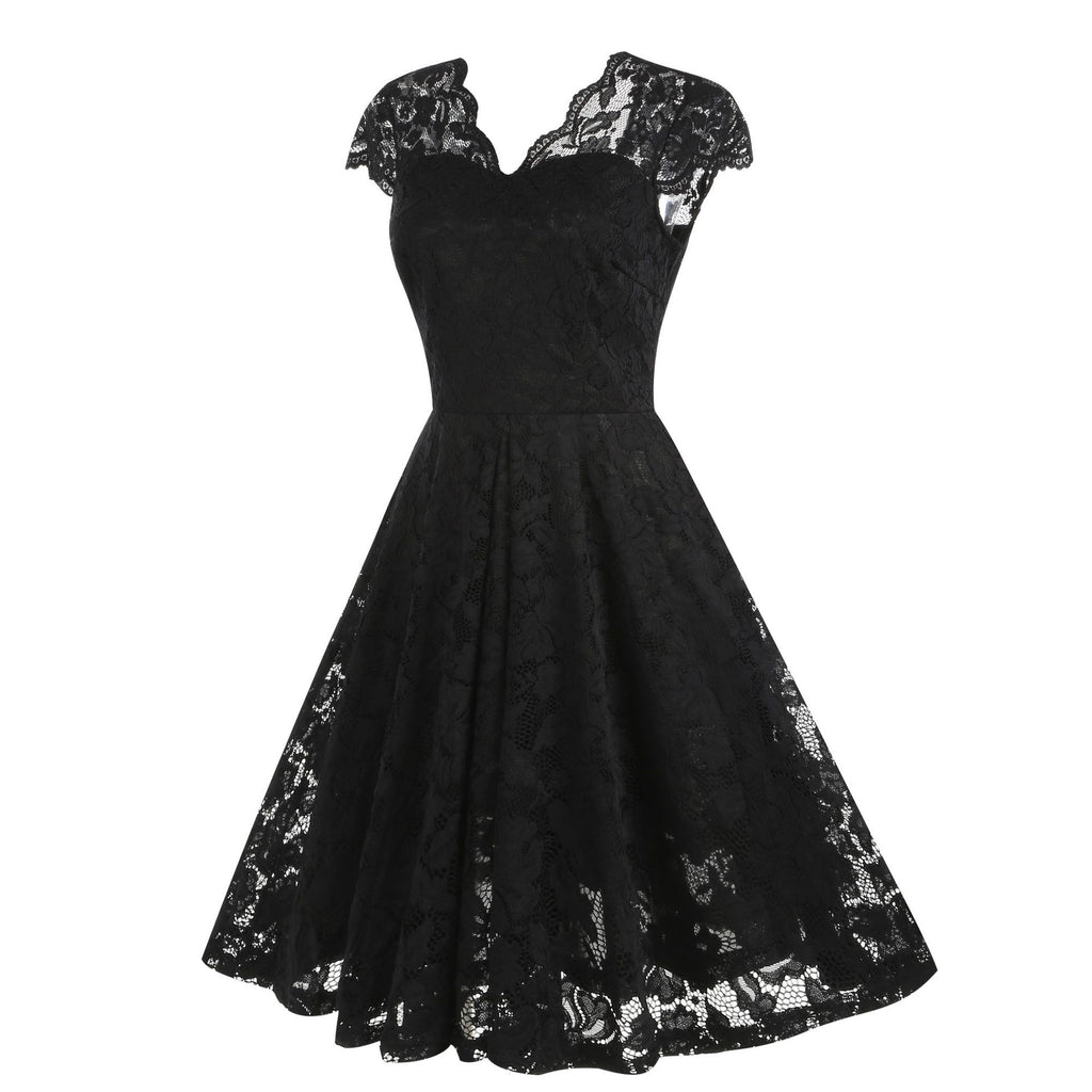 1950s Floral Lace Swing V Collar Dress