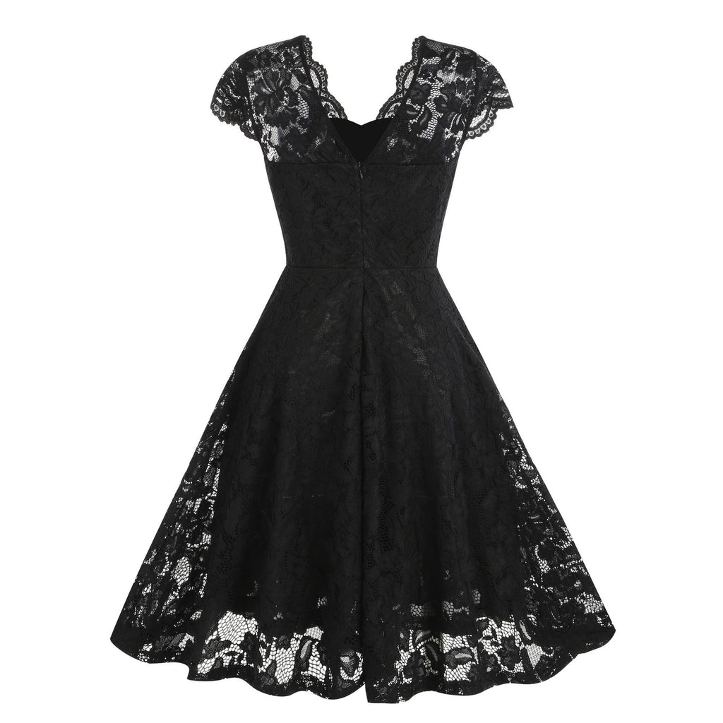 1950s Floral Lace Swing V Collar Dress