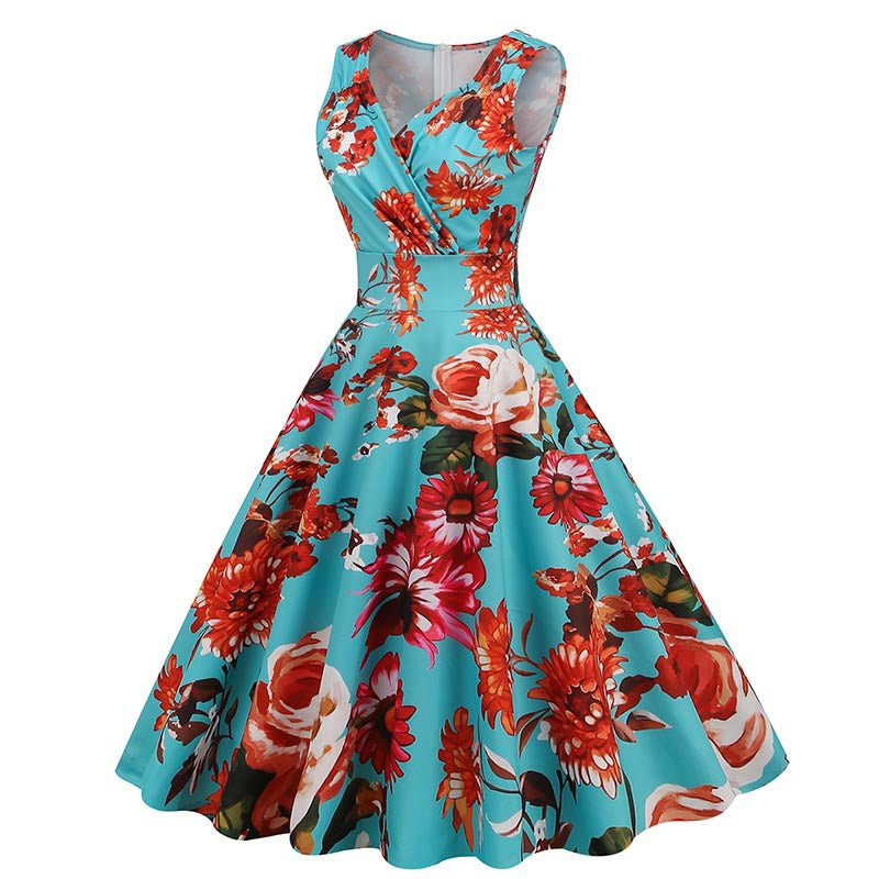 1950s Floral Print Swing Party Dress