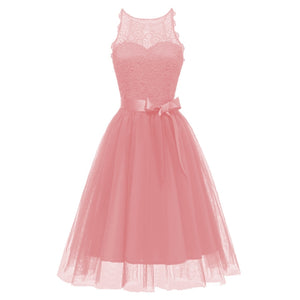 Pink 1950s Lace Belted Bow Swing Dress