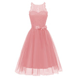 Pink 1950s Lace Belted Bow Swing Dress