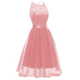Pink 1950s Lace Belted Bow Swing Dress