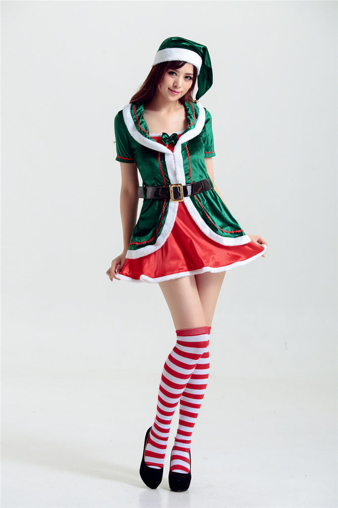 Deluxe Adult Sexy Women Santa Clause Costume Christmas Mini Dress Green Elf Xmas Home Party Costume