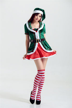 Deluxe Adult Sexy Women Santa Clause Costume Christmas Mini Dress Green Elf Xmas Home Party Costume