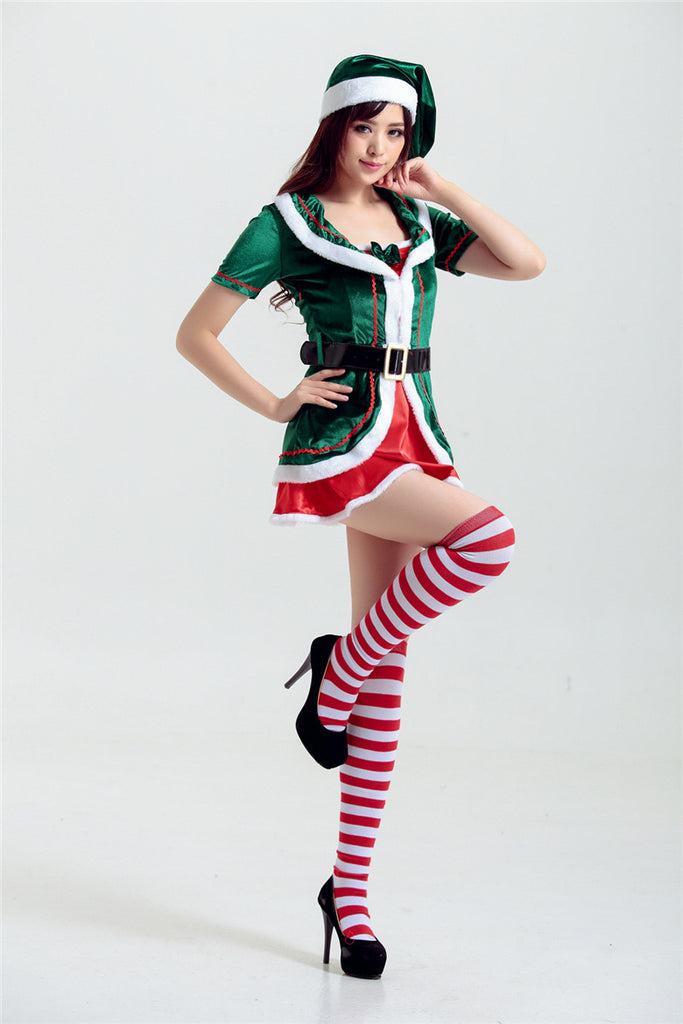 Deluxe Adult Sexy Women Santa Clause Costume Christmas Mini Dress Green Elf Xmas Home Party Costume