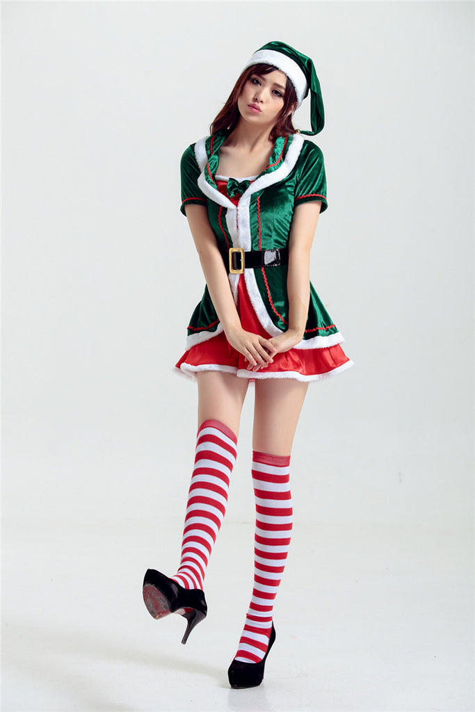 Deluxe Adult Sexy Women Santa Clause Costume Christmas Mini Dress Green Elf Xmas Home Party Costume