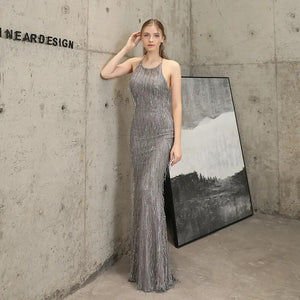 Off Shoulder Tassel Sequin Dress Women Sexy Corss Back Long Evening Party Dress