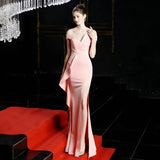 White Off Shoulder Slit Satin Long Evening Dress Elegant Women Party Dress