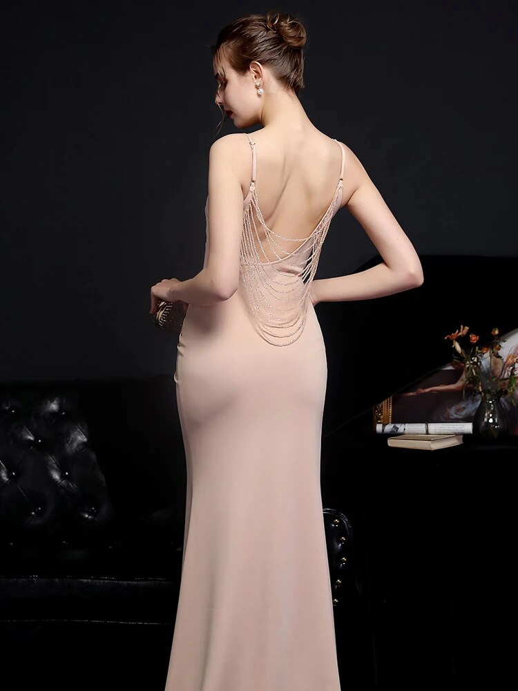 Soft Satin Sexy Strap Pleat Evening Dress Women's Backless Slit Party Maxi Dress Long Prom Dress