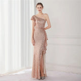 Elegant One Shoulder Gold Sequin Women Slit Evening Dress Party Maxi Dress Long Prom Dress