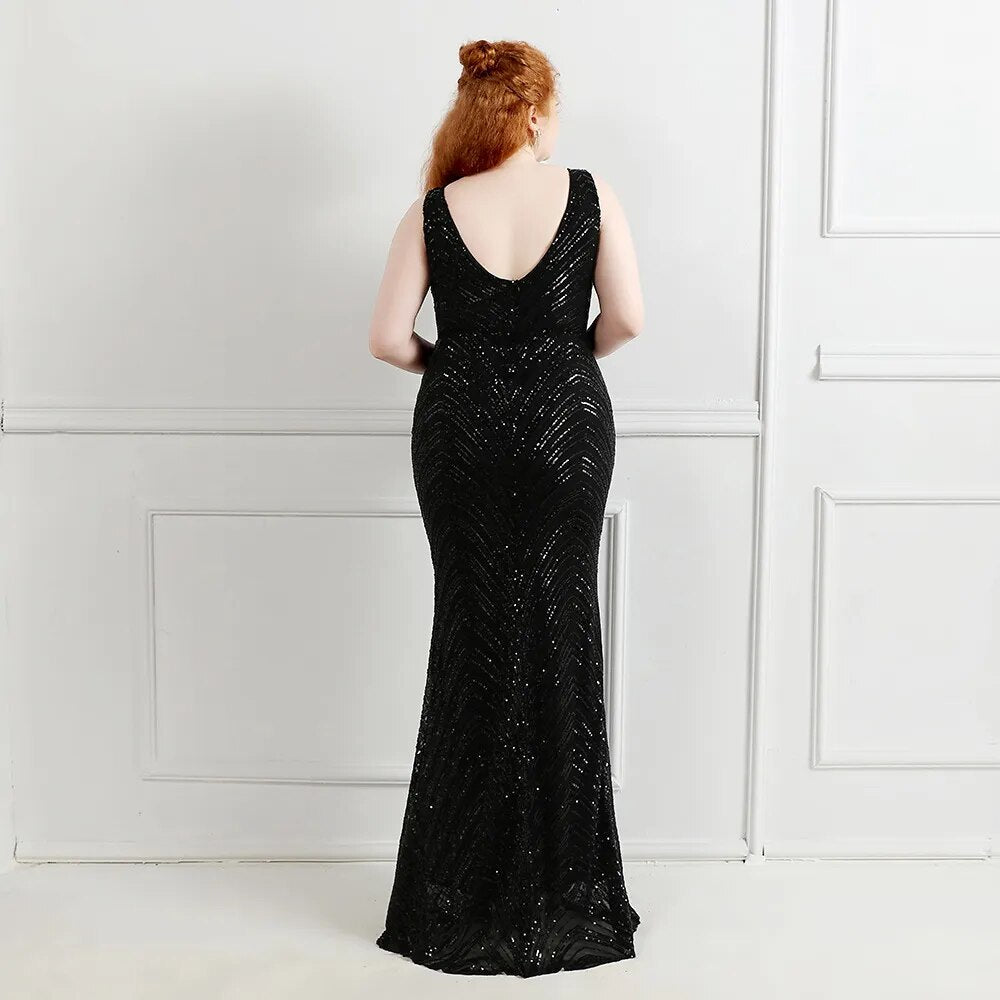 Plus Size Deep V Neck Gold Sequin Evening Dress Women Sexy Party Maxi Dress Long Prom Dress