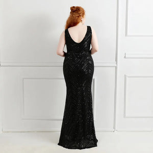 Plus Size Deep V Neck Gold Sequin Evening Dress Women Sexy Party Maxi Dress Long Prom Dress