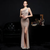 Elegant One Shoulder Slit Gold Sequin Evening Dress Women Beads Party Maxi Dress