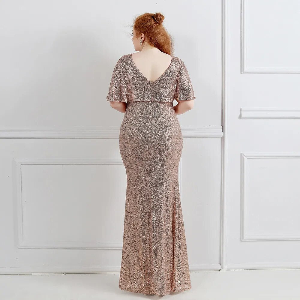 Plus Size Gold Sequin Evening Dress Short Sleeve Elegant Women Party Dress Long Prom Dress 18013