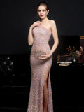 Women Beads Party Maxi Dress Elegant One Shoulder Slit Pink Sequin Prom Dress