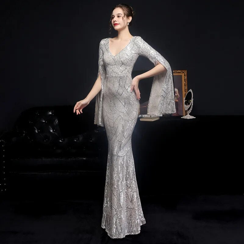 Elegant Party Maxi Dress Gold Sequin Evening Dress Women Long Sleeve Prom Dress