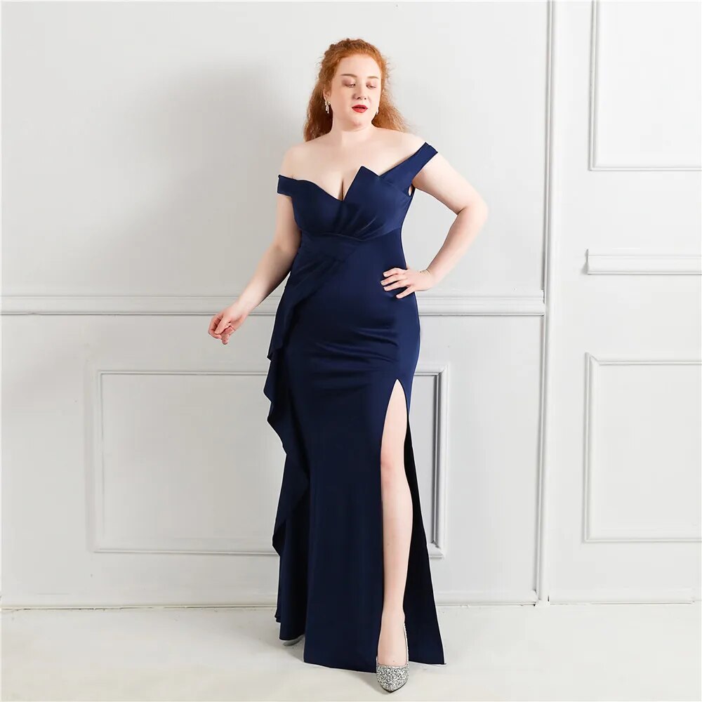 Plus Size Elegant Green Women Party Dress Slit Long Prom Dress Off Shoulder Soft Satin Pleat Long Evening Dress
