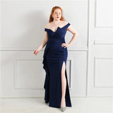 Plus Size Elegant Green Women Party Dress Slit Long Prom Dress Off Shoulder Soft Satin Pleat Long Evening Dress
