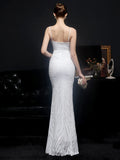 Women Strap Party Maxi Dress Sexy V Neck Evening Dress White Sequin Long Prom Dress
