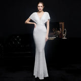 Women Gold Sequin V Neck Beaded Party Maxi Dress Elegant Evening Dress