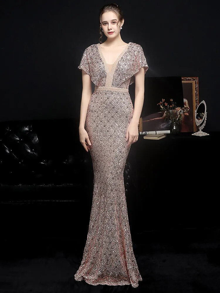 Women White Sequin V Neck Beaded Party Dress Elegant Prom Dress