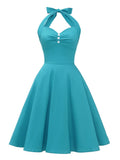 Turquoise Buttons Halter Sexy Party Backless Lace-Up Corset Dress Women 50s Style Vintage Robes Summer Swing Dresses