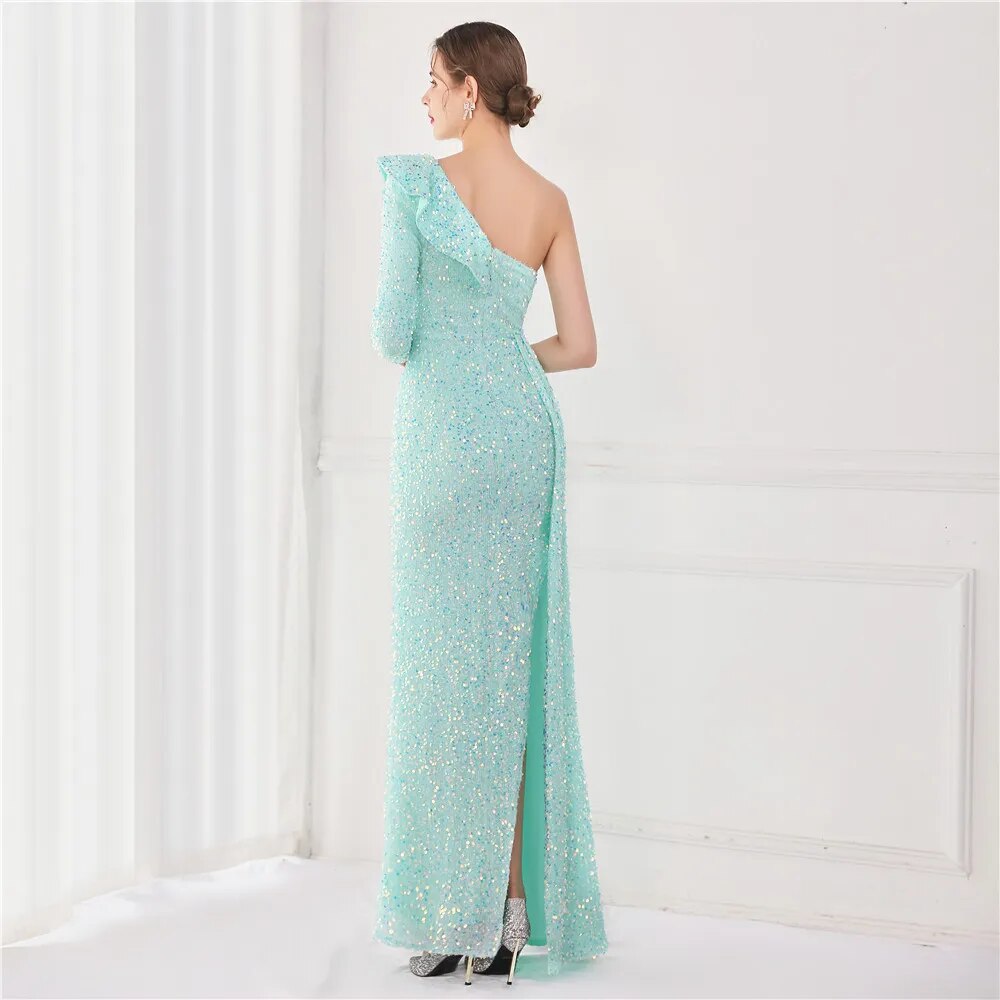 Women Light Blue Sequin Party One Shoulder Ruffles Evening Dress Maxi Sexy Side Split Long Dress