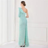 Women Light Blue Sequin Party One Shoulder Ruffles Evening Dress Maxi Sexy Side Split Long Dress