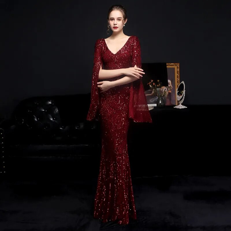 Elegant Party Maxi Dress Gold Sequin Evening Dress Women Long Sleeve Prom Dress