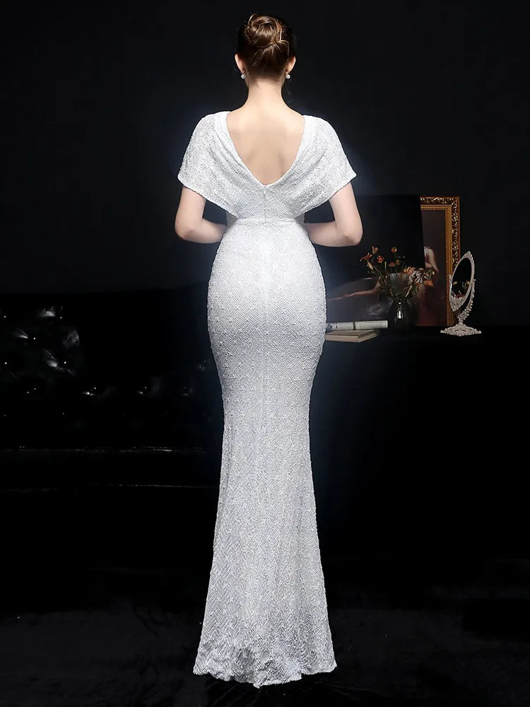 Women White Sequin V Neck Beaded Party Dress Elegant Prom Dress