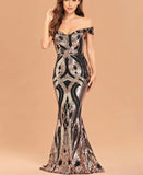 New Women Party Maxi Dress Elegant Off Shoulder Black Gold Sequin Evening Dress