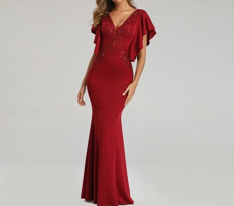 See-through V-neck Appliques Beaded Evening Dress Elegant Party Long Dress