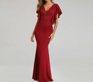 See-through V-neck Appliques Beaded Evening Dress Elegant Party Long Dress