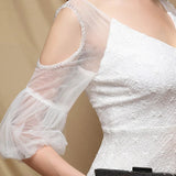 Women White Wedding Party Dress Elegant See through Half Sleeve Beads Sequin Evening Dress Long Prom Dress
