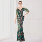 Elegant Beading Evening Dress Women Green Sequin Party Strap Maxi Dress Long Prom Dress