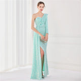Women Light Blue Sequin Party One Shoulder Ruffles Evening Dress Maxi Sexy Side Split Long Dress