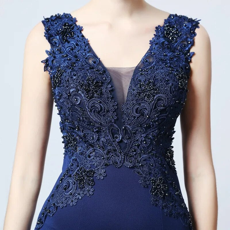 Green V-neck Appliques Beading Long Satin Evening Dress See-through Back Elegant Evening Party Dress