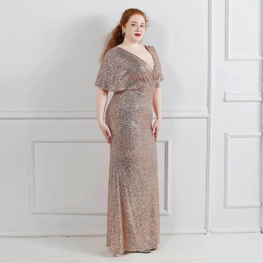 Plus Size Gold Sequin Evening Dress Short Sleeve Elegant Women Party Dress Long Prom Dress 18013