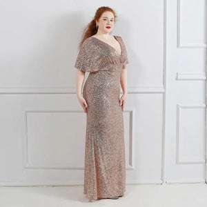 Plus Size Gold Sequin Evening Dress Short Sleeve Elegant Women Party Dress Long Prom Dress 18013