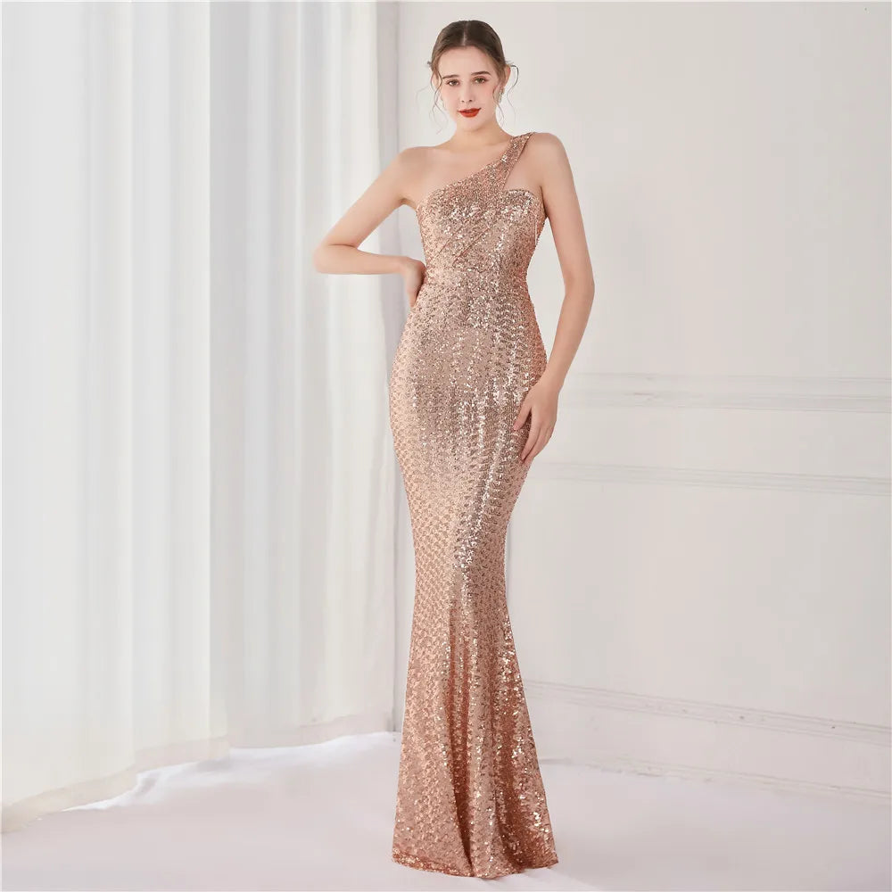 Women New Design Slash Neck Party Maxi Dress One Shoulder Sequin Evening Dress Long Prom Dress
