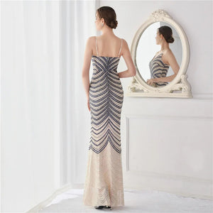 Sexy V Neck Evening Dress Blue Sequin Long Prom Dress Women Strap Party Maxi Dress