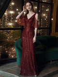 Elegant V Neck Long Sequin Evening Dress New Off Shoulder Evening Party Dress