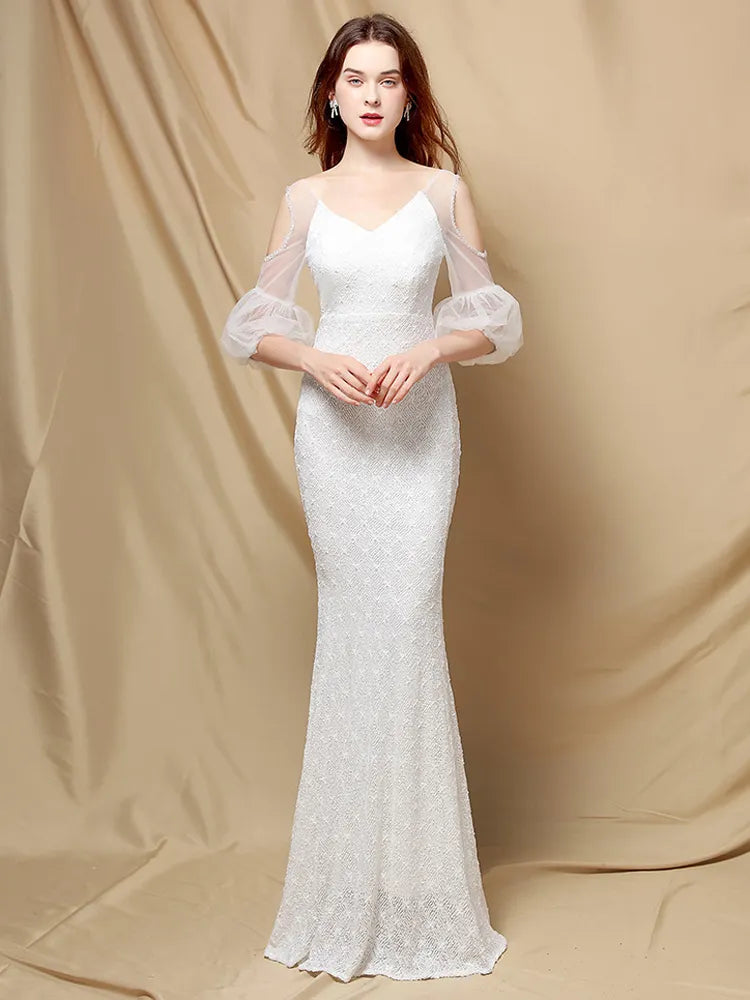 Women White Wedding Party Dress Elegant See through Half Sleeve Beads Sequin Evening Dress Long Prom Dress