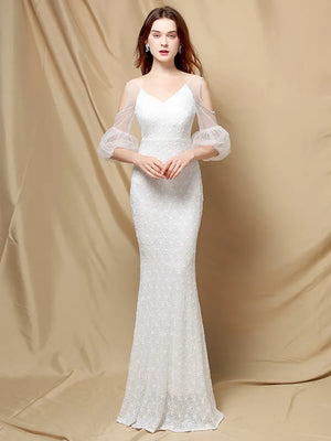 Women White Wedding Party Dress Elegant See through Half Sleeve Beads Sequin Evening Dress Long Prom Dress