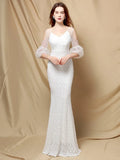 Women White Wedding Party Dress Elegant See through Half Sleeve Beads Sequin Evening Dress Long Prom Dress