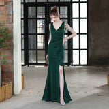 Soft Satin V Neck Beading Evening Dress Candy Color Sexy Slit Party Maxi Women Long Prom Dress