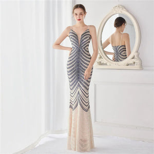 Sexy V Neck Evening Dress Blue Sequin Long Prom Dress Women Strap Party Maxi Dress
