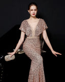 Women Gold Sequin V Neck Beaded Party Maxi Dress Elegant Evening Dress