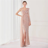 Women Light Blue Sequin Party One Shoulder Ruffles Evening Dress Maxi Sexy Side Split Long Dress