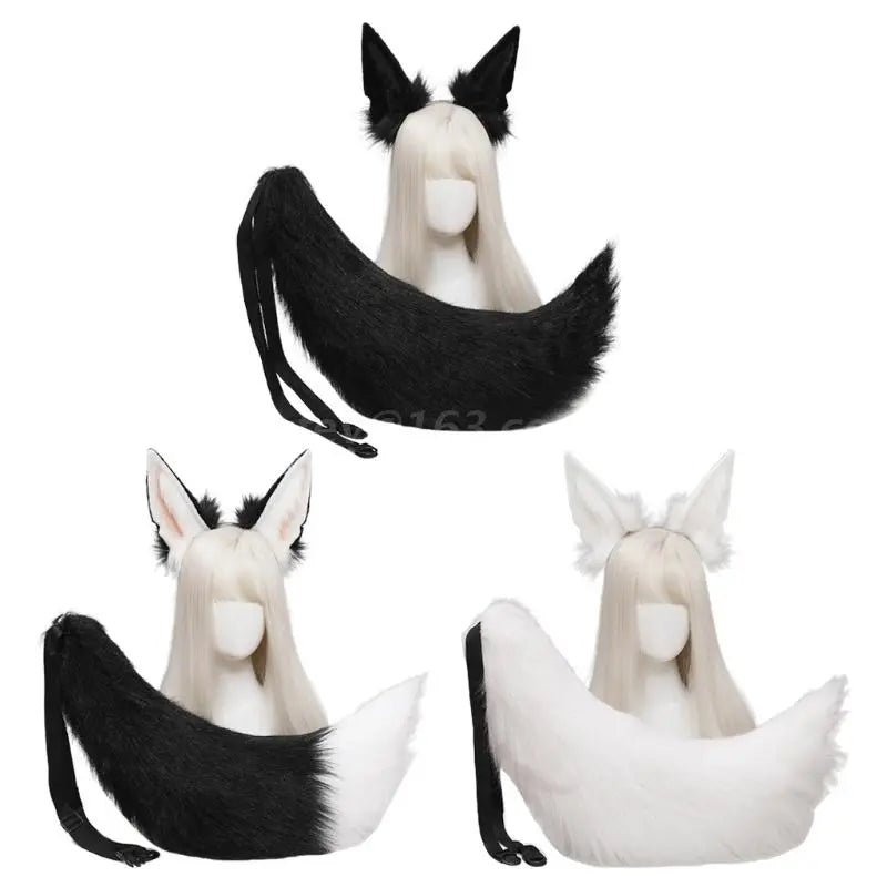 Animal Wolf Ears Headdress Tail Set Plush Handmade Costume Set Anime for Halloween Christmas Cosplay Accessories